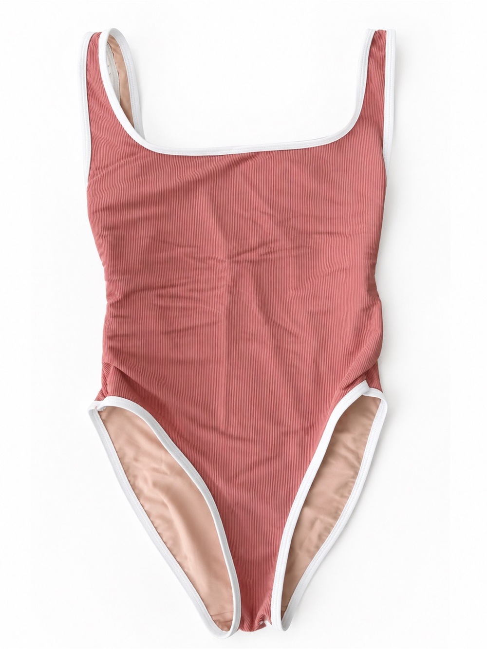 LainSnow Ribbed Dusty Rose One-Piece Swimsuit with White Trim - Picture 4 of 7